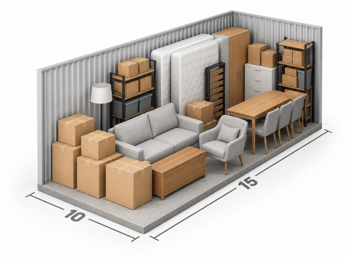 Inside a 10' x 15' storage unit, loaded with furniture and boxes