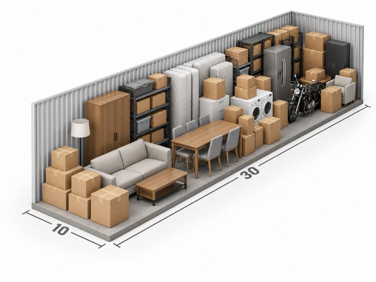 Inside a 10' x 30' storage unit, loaded with furniture and boxes