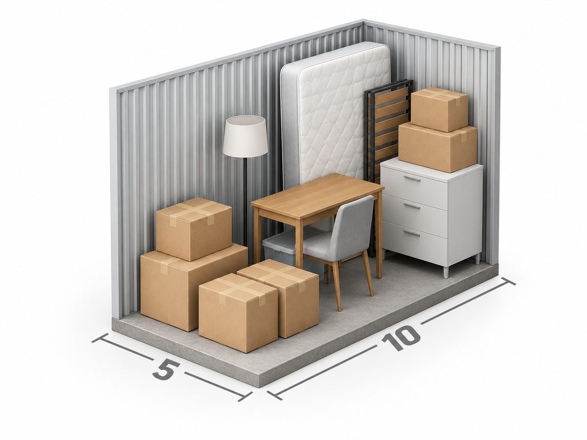 Inside a 5' x 10' storage unit, loaded with furniture and boxes
